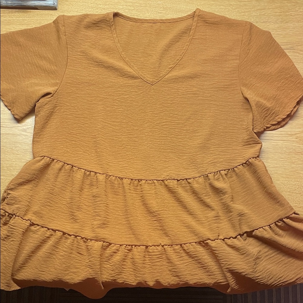 SHEIN V-Neck Ruffle Hem Blouse - Brown